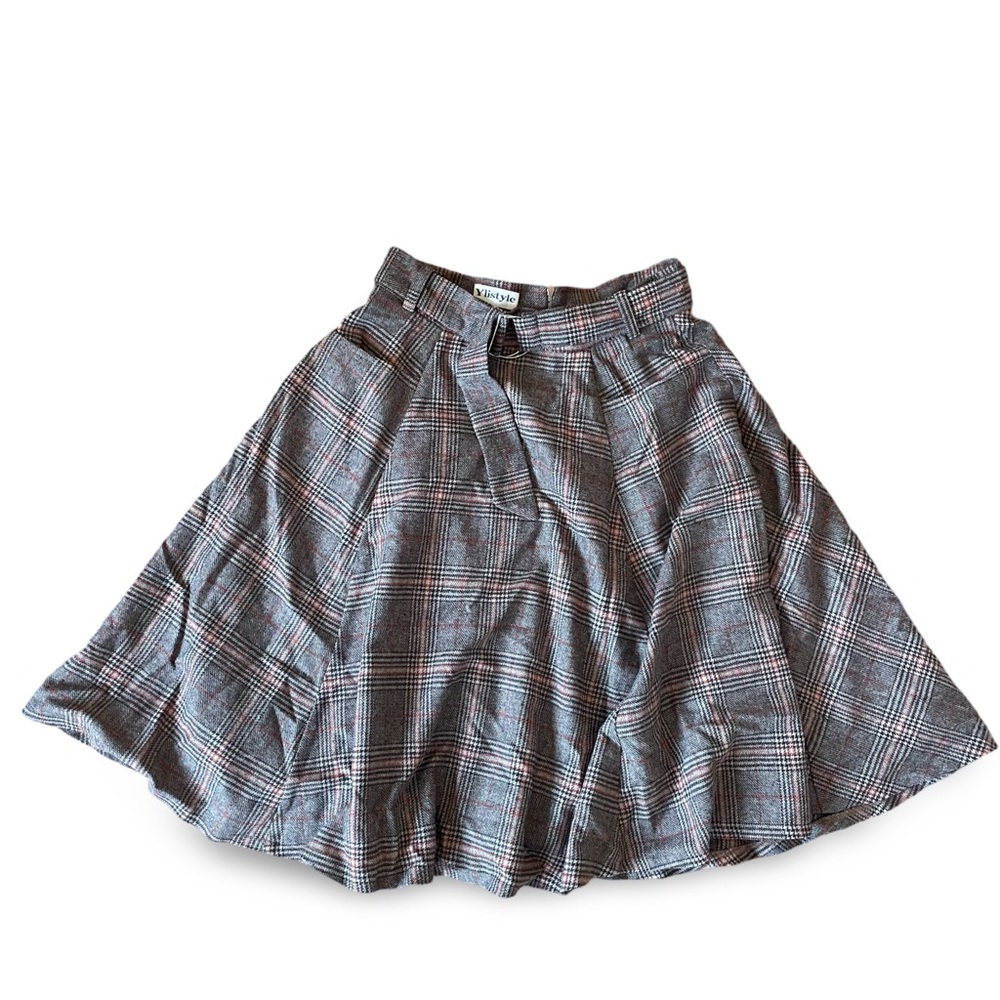 Brown Plaid Wool Skirt with Pockets